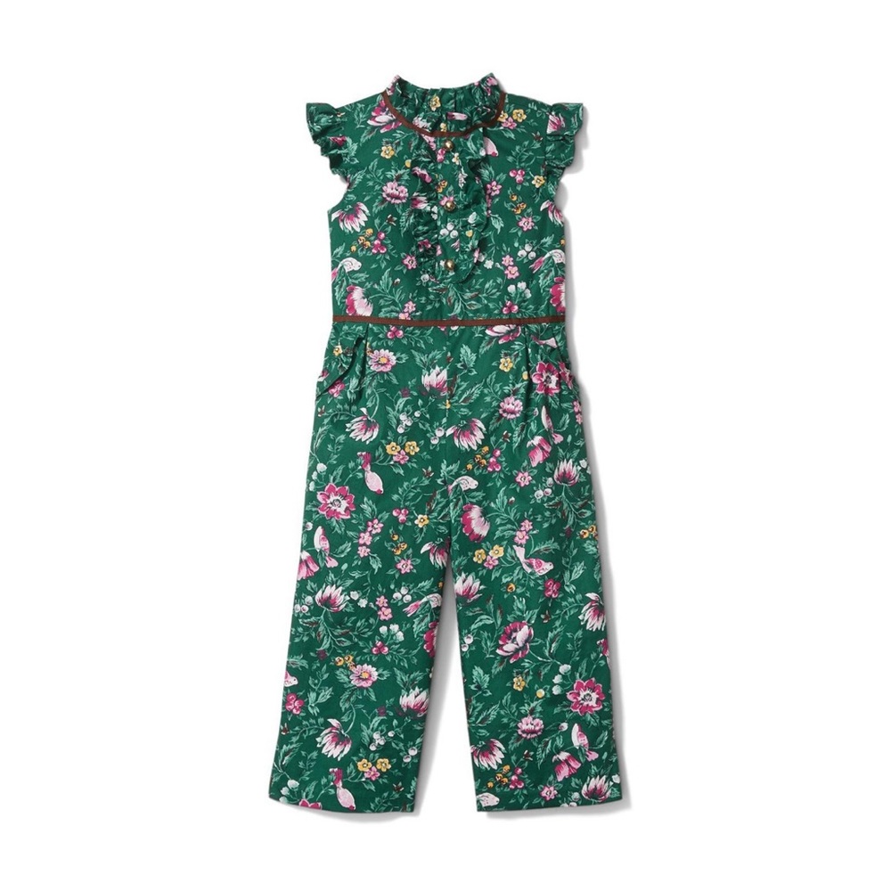 Janie and Jack Floral Ruffle Jumpsuit Foliage Birds Toddler Romper Outfit 2T